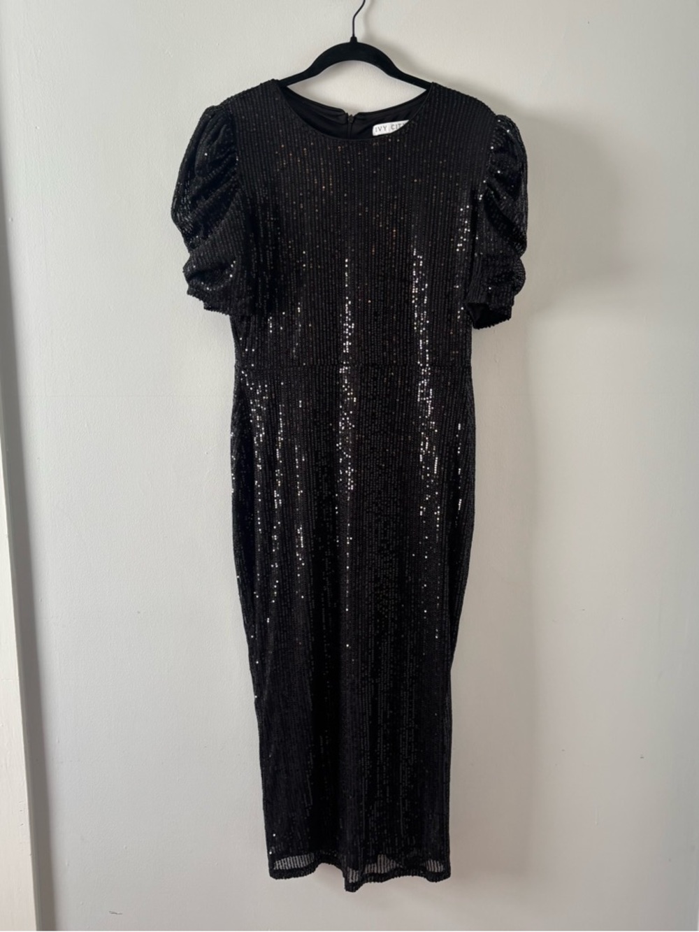 Ivy City Co. Sequin Puff Sleeve Midi Dress Black Back Zip Formal Dressy Sparkle